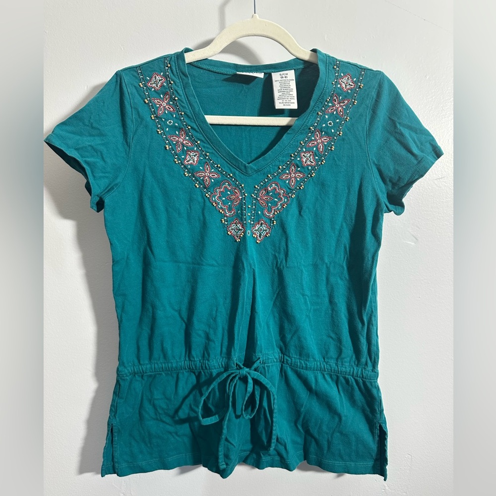 Covington Women’s S V-Neck Top Teal With Embellishment / Beads | SKU 0957